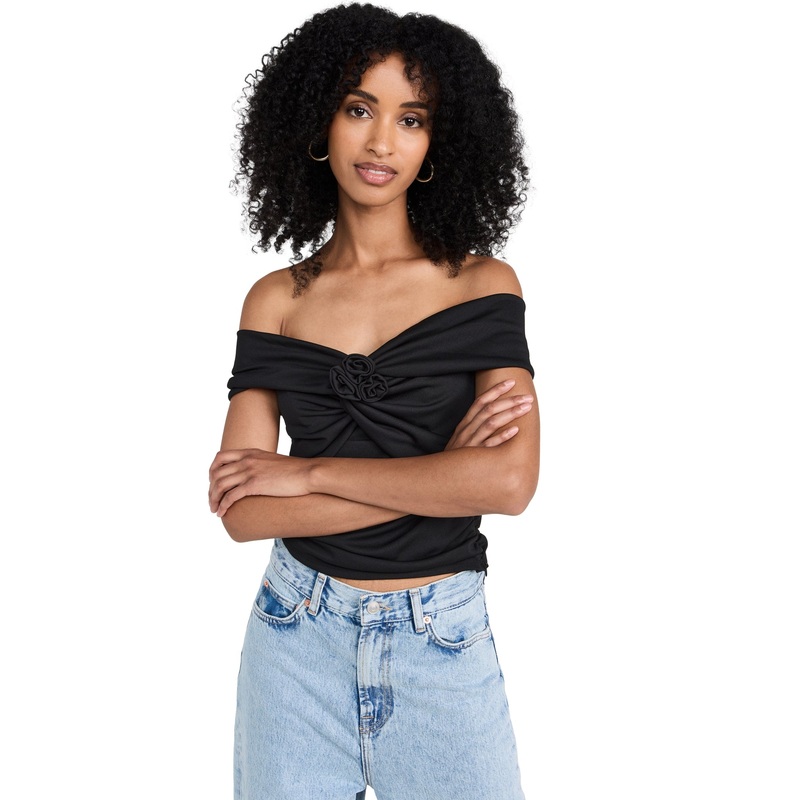 WAYF Womens Black Gathered Removable Brooch Off The Shoulder Top Medium Black
