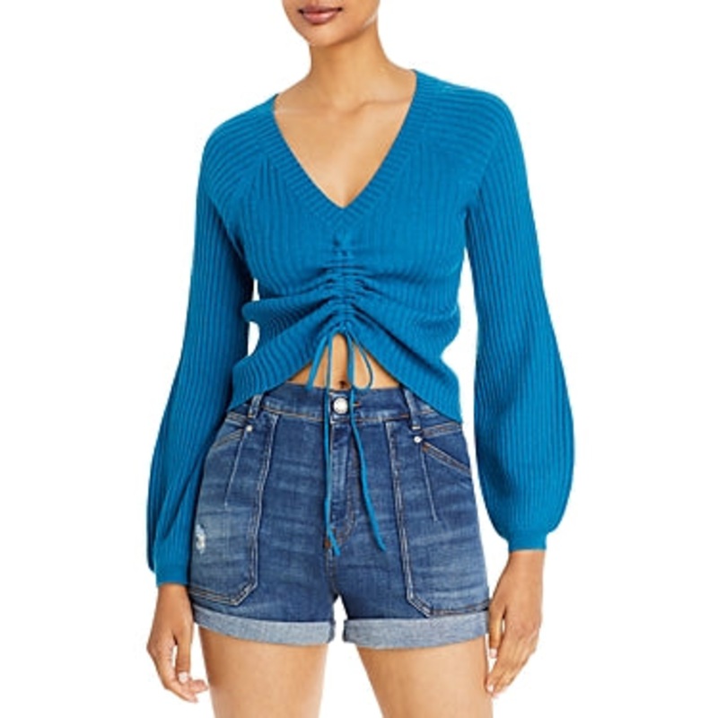 AQUA Cashmere Womens Ribbed Drawstring Cashmere Sweater Medium Aqua Blue