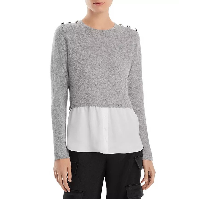 AQUA Cashmere Womens Shirttail Hem Layered Look Cashmere Sweater Medium Grey