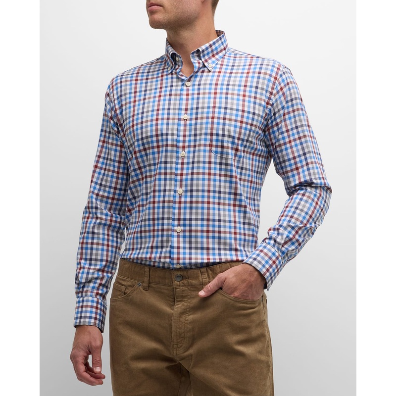 Peter Millar Mens Regular fit Long Sleeve Button-Up Shirt Small Blue Check