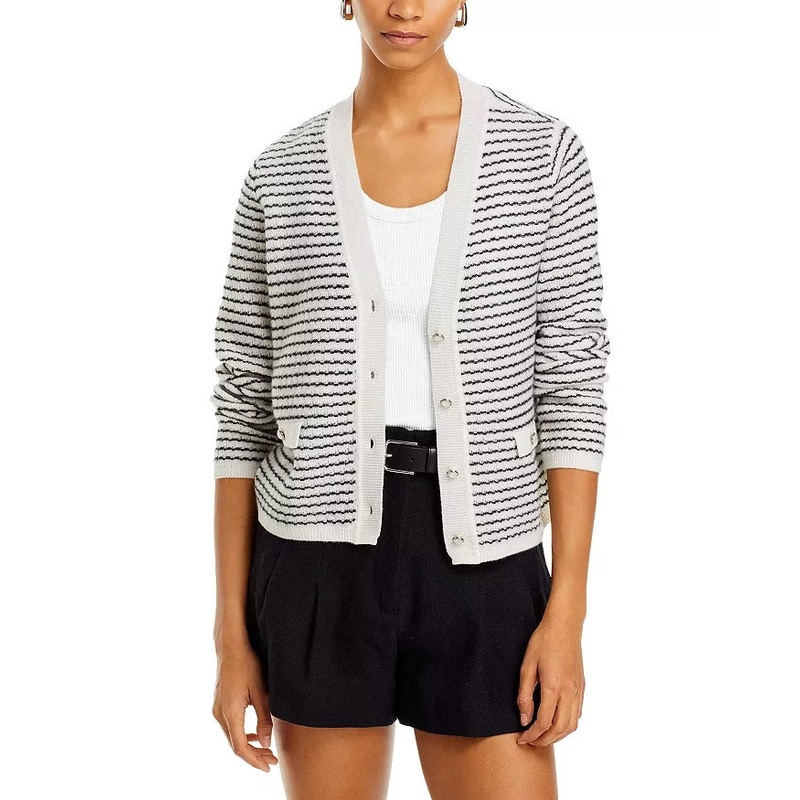 Private Label Womens Cashmere Striped Tweed Stitch V Neck Cardigan Sweater Large