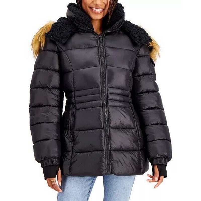 Steve Madden Juniors' Faux-Fur-Trim Hooded Shine Puffer Coat Black Small