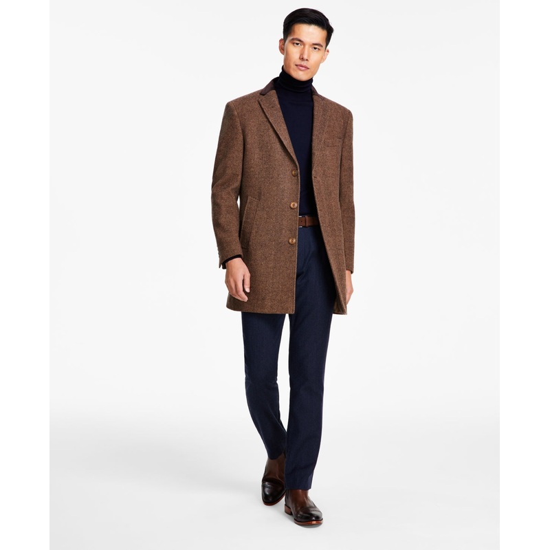 Tallia Mens Overcoat Coat Large Brown Herringbone