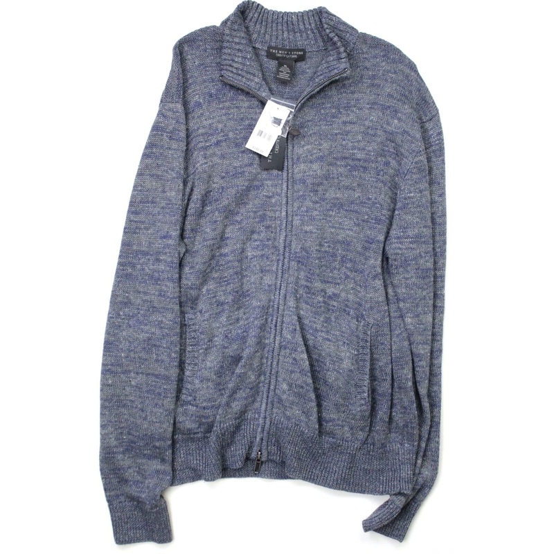 The Mens Store Bloomingdales Linen Melange Knit Full Zip Sweater Large Grey Blue