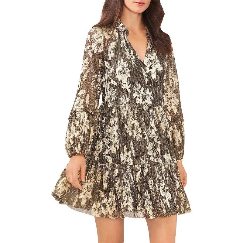 VINCE CAMUTO Womens Textured Floral Print Dress XS Gold Black Metallic