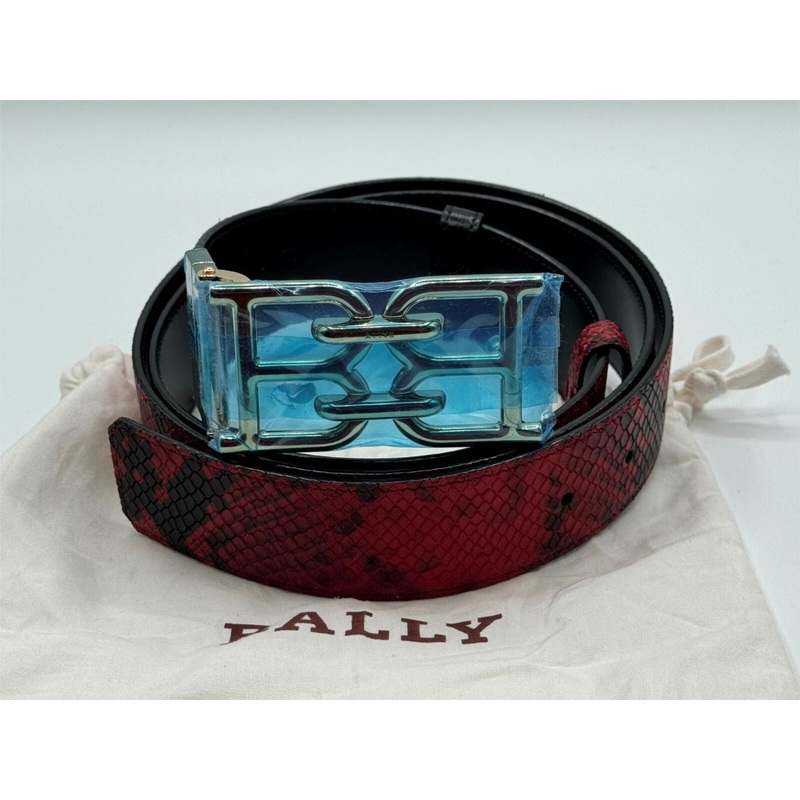 $470 Bally B Chain Buckle Snakeskin Leather Belt Red Black One Size