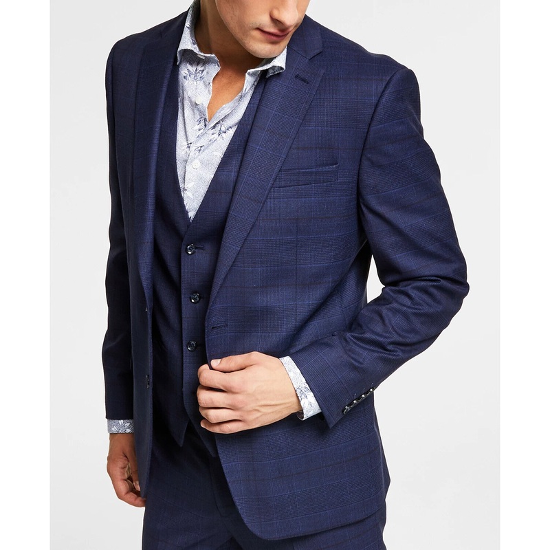 Bar III Men's Skinny Fit Navy Blue Plaid Suit Jacket 46R