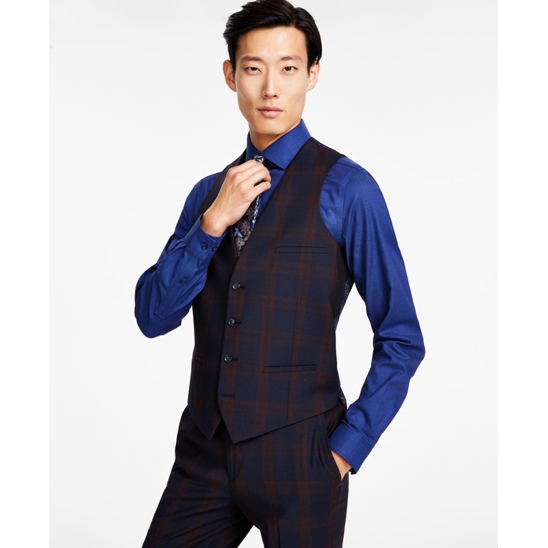 Bar Iii Men's Slim Fit Plaid Suit Vest Burgundy Blue Medium