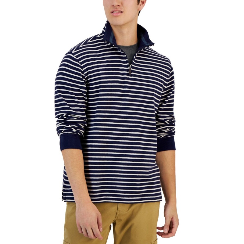 Club Room Mens 3/4 Zip Classic Fit Pullover Sweater Blue Striped XL