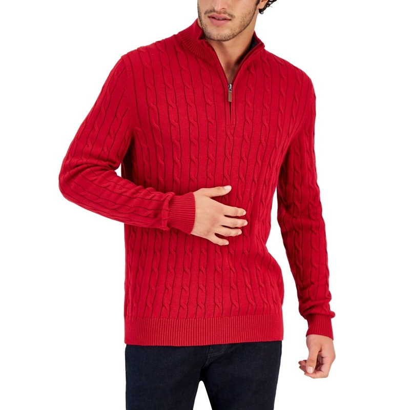 Club Room Mens Cable-Knit Quarter-Zip Sweater Anthem Red Medium