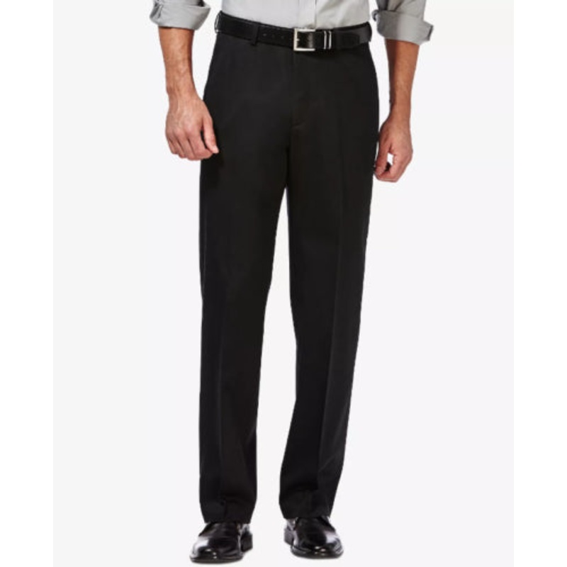 HAGGAR Men's No Iron Khaki Classic Fit Flat Front Black Pants 42 x 30 Expandable