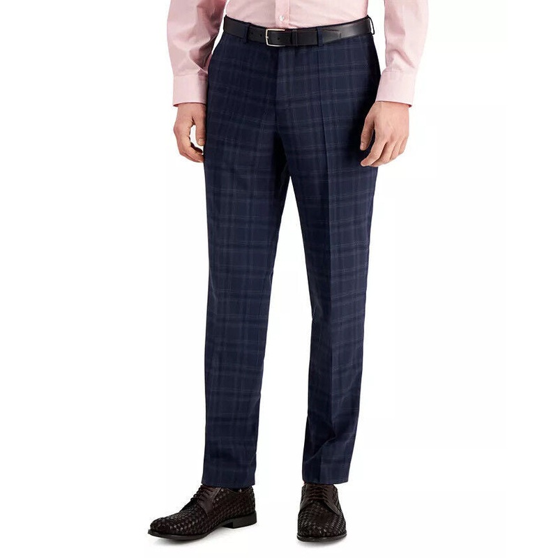 HUGO BOSS Men's Slim-Fit Navy Blue Plaid Wool Dress Pants 32 x 32