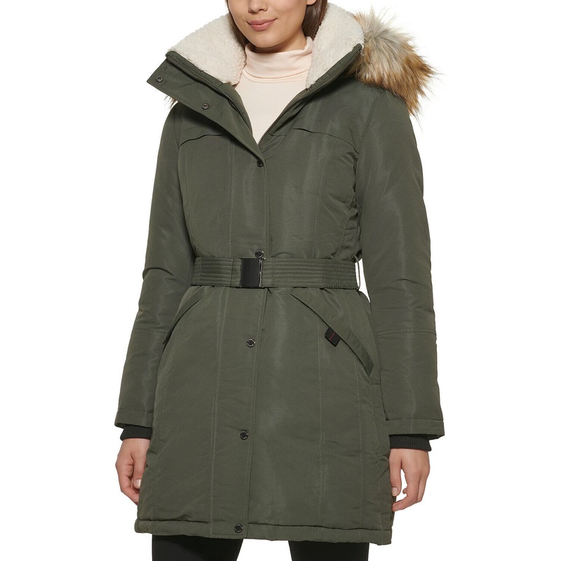Kenneth Cole Women's Puffer Coat Olive Green XS Belted Faux-Fur Hooded