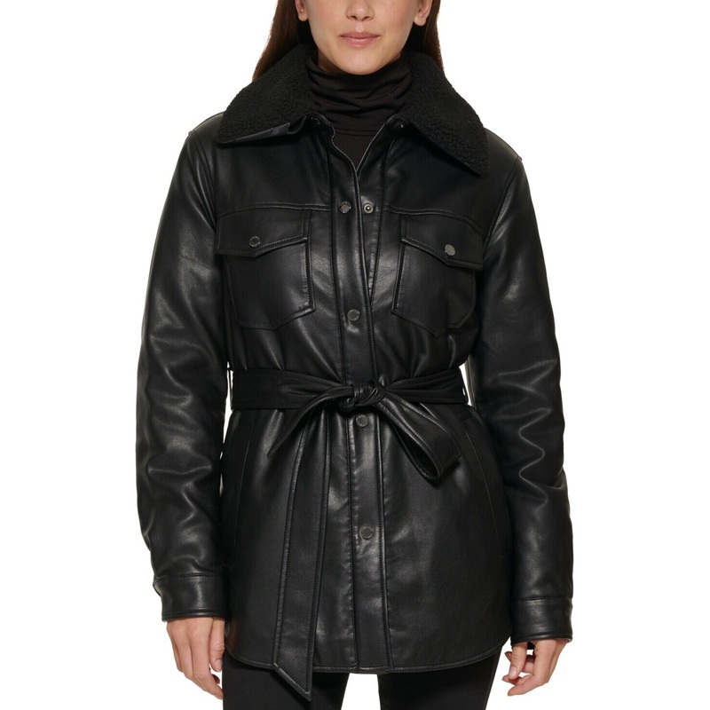 Kenneth Cole Womens Faux-Leather Faux-Fur-Trim Shirt Jacket Black Large NO BELT