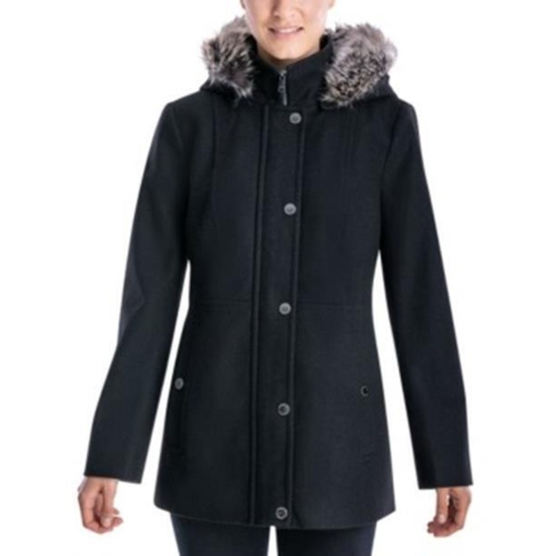 LONDON FOG Women's Faux Fur Trimmed Hood Walker Medium Black Wool