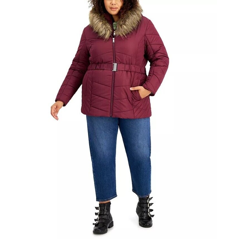 MARALYN & ME Trendy Plus Size Faux-Fur-Trim Hooded Puffer Coat 2X Purple