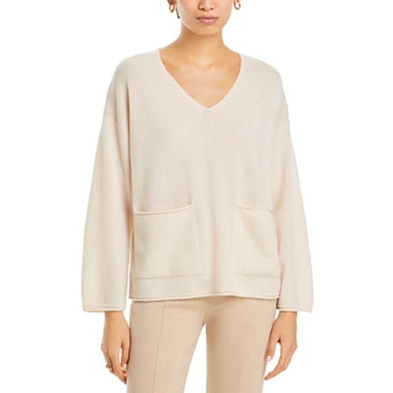 Private Label Womens Cashmere Baja V Neck Sweater Medium Oatmilk Beige