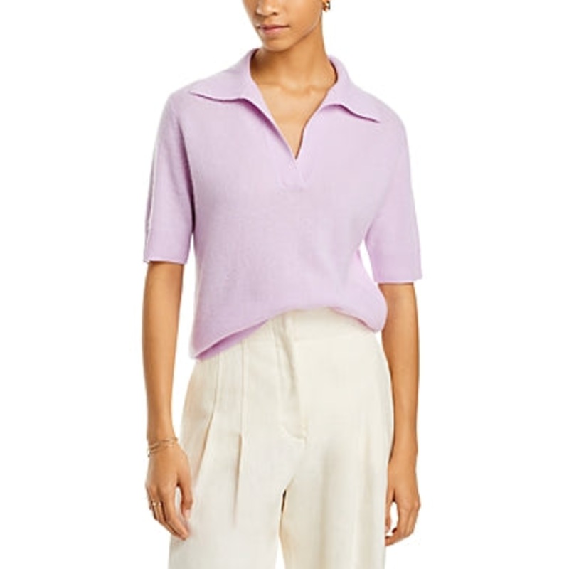 Private Label Womens Cashmere Short Sleeve Polo Sweater Large Purple Iris