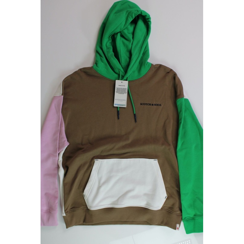 Scotch & Soda Mens Colorblocked Hoodie Sweatshirt Small Green Pink Brown