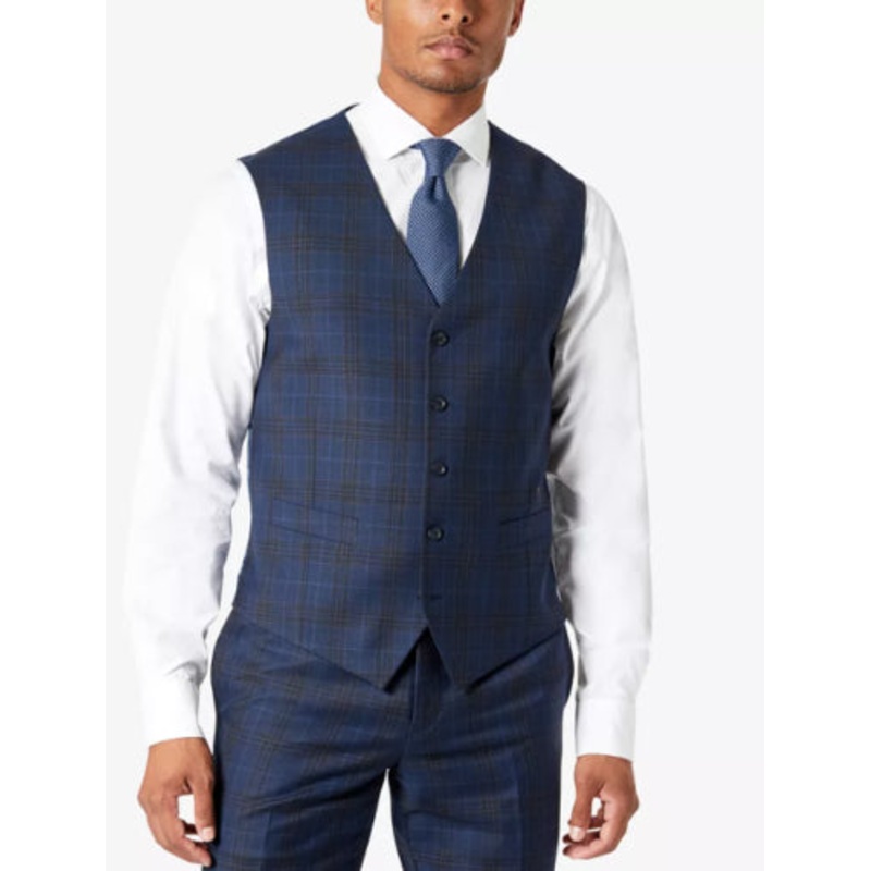 TALLIA Men's Slim-Fit Plaid Suit Vest Navy Brown Medium