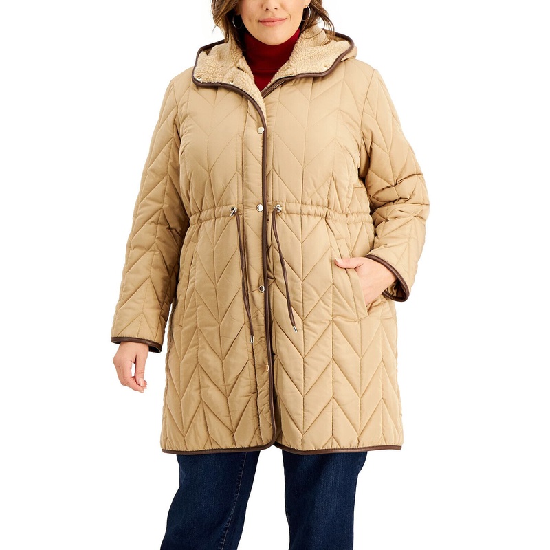 Vince Camuto Women's Plus Size Hooded Quilted Coat 2X Camel Brown