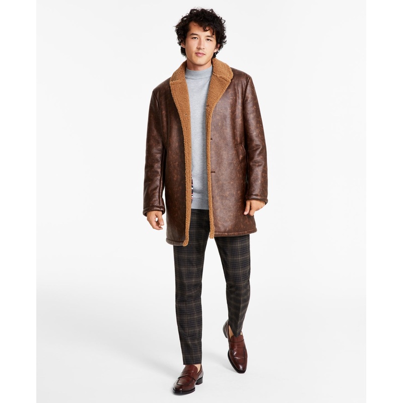 Ben Sherman Mens Shearling Overcoat Coat 38 Brown Solid