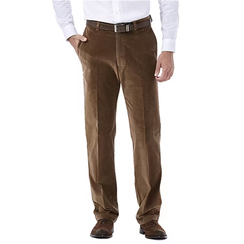 Haggar Mens Classic fit Casual Corduroy Pants 38 / 30 Brown Solid Stretch