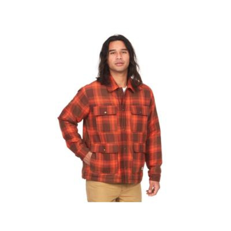 Marmot Mens Sherpa Lined Flannel Shacket Coat Large Orange Plaid